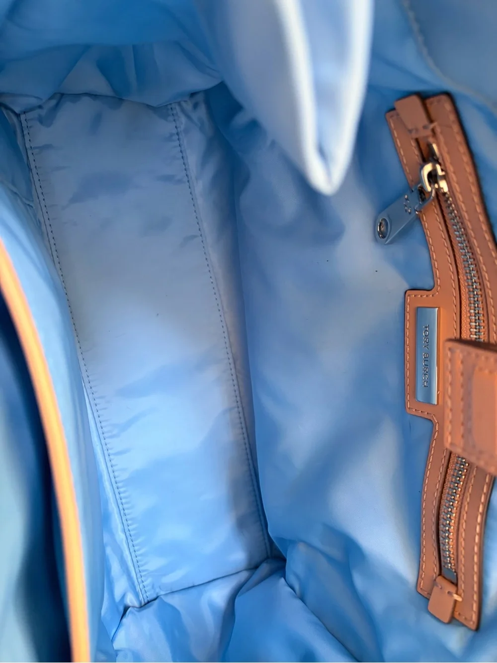 🦋Tory Burch Light Blue Nylon Tote w/ Tan Leather Trim